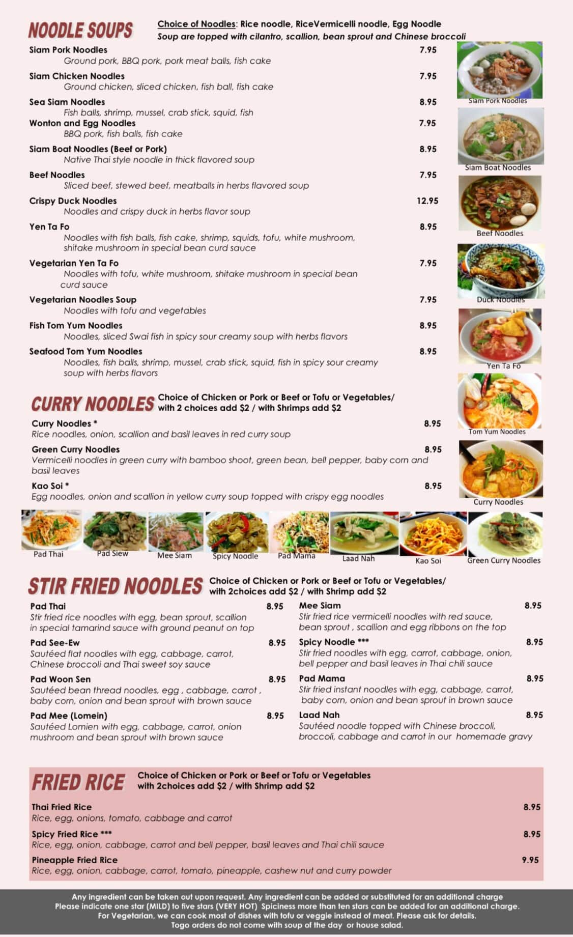 Menu at Siam Noodles Thai Cuisine restaurant, Midwest City 