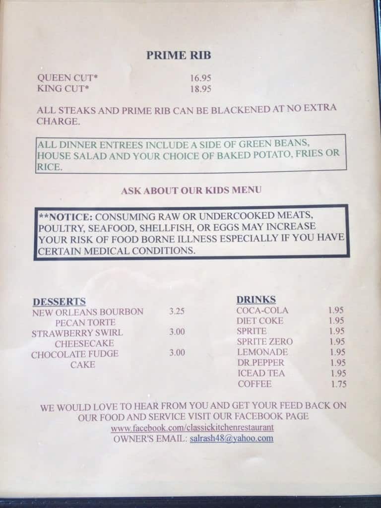 Menu at Classic Kitchen steakhouse, Calhoun