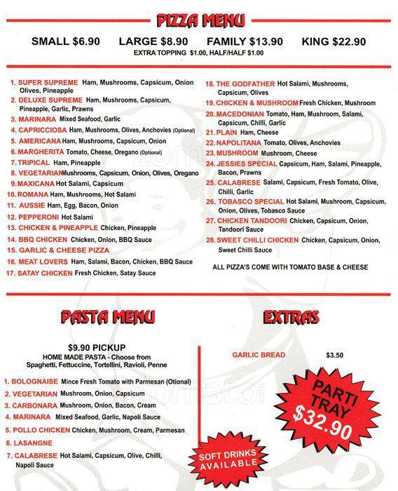 Jessie's Pizza Menu, Menu for Jessie's Pizza, Greenvale, Melbourne