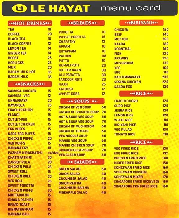 Menu of Le Hayat Restaurant, Edappally, Kochi