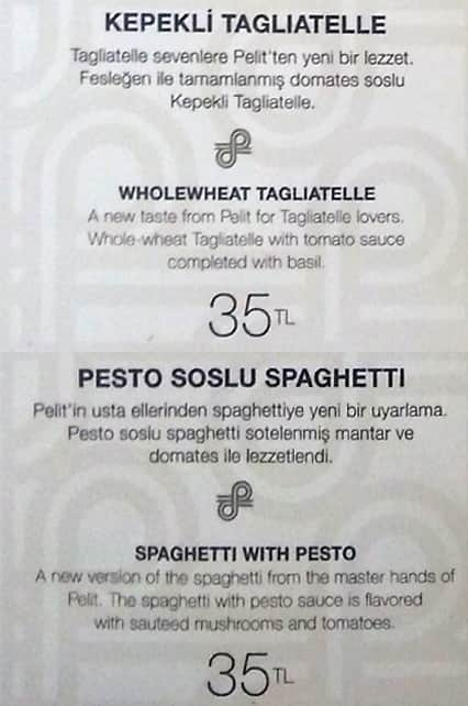 Menu at Pelit, Istanbul, AQUA Florya AVM