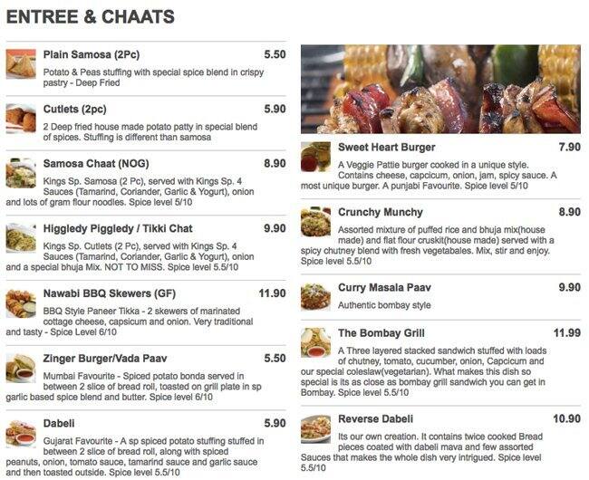 King's Vegetarian and Vegan Indian Fusion Menu Urbanspoon/Zomato