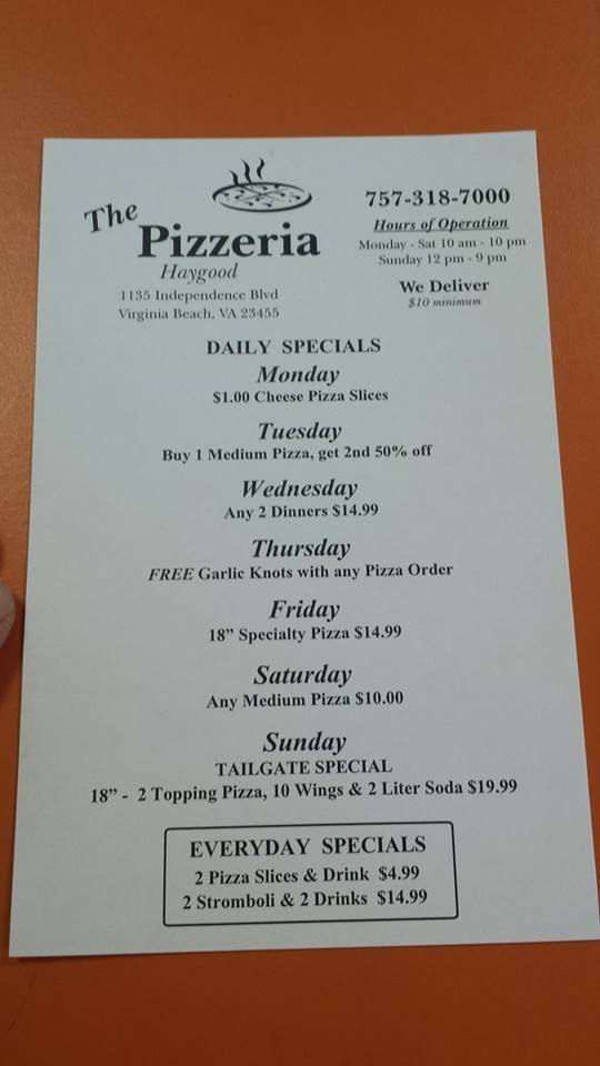 The Pizzeria Menu, Menu for The Pizzeria, Diamond Springs / Bayside, Hampton Roads Urbanspoon
