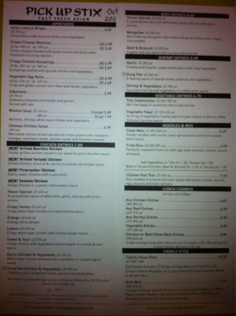 Pick Up Stix Menu, Menu for Pick Up Stix, Palmdale, Palmdale