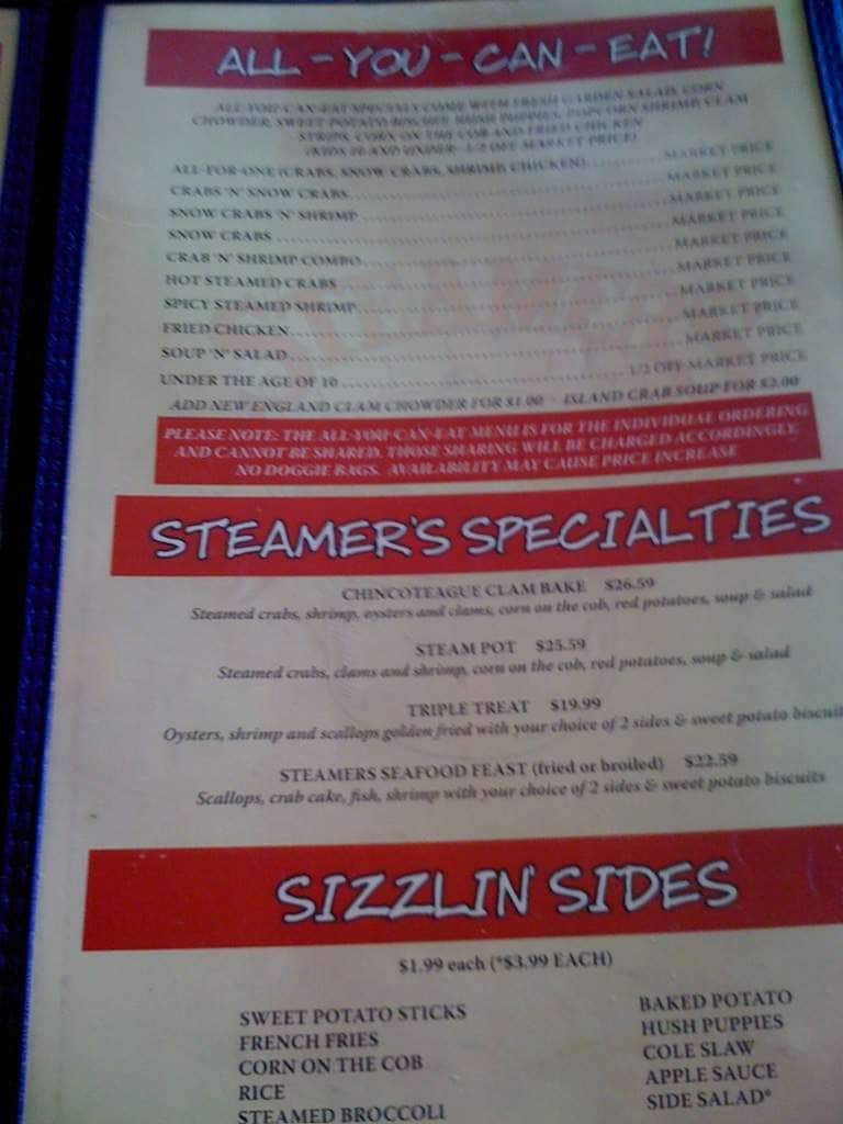 Menu at Steamers Seafood Restaurant, Chincoteague Island