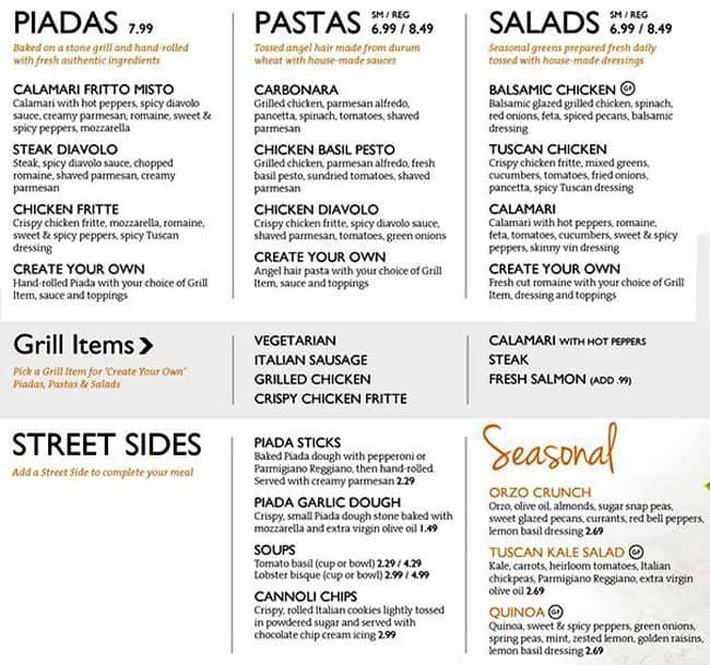 Piada Italian Street Food Menu Urbanspoon/Zomato