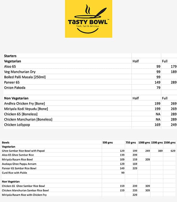 Tasty Bowl menu