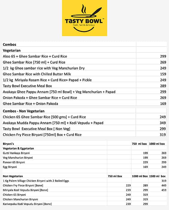Tasty Bowl menu