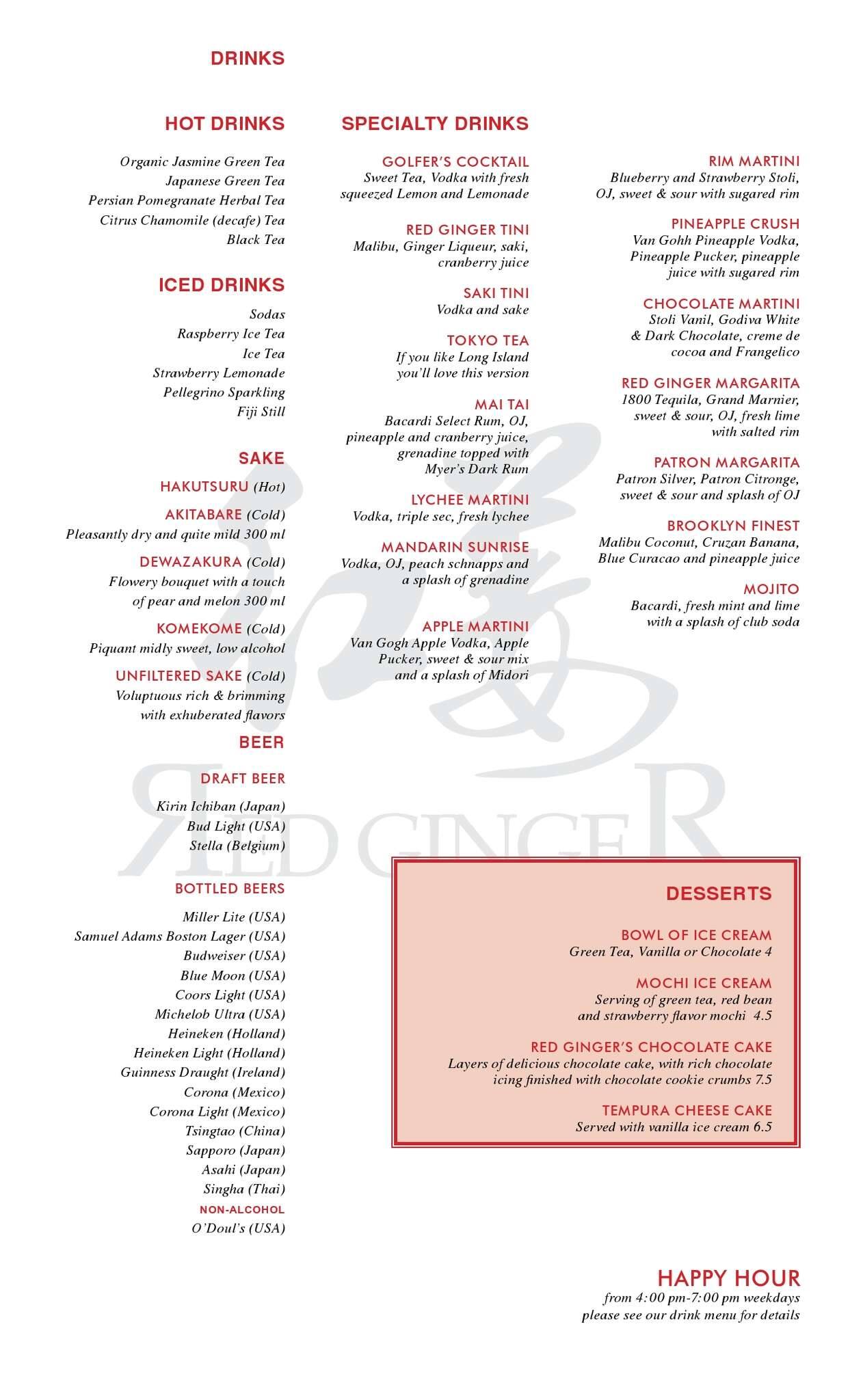 Menu at Red Ginger Asian Bistro restaurant, Coral Springs