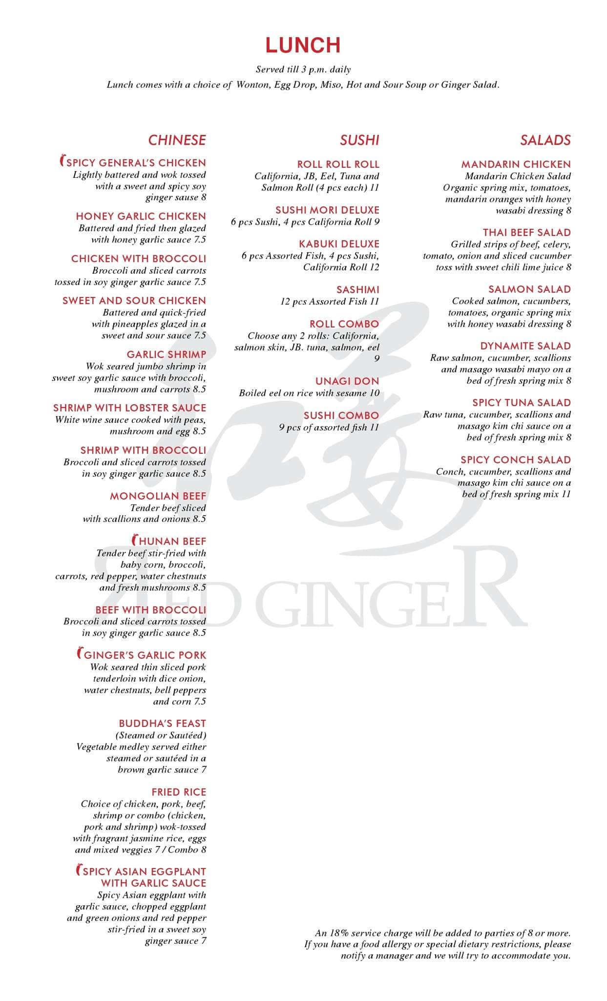 Menu at Red Ginger Asian Bistro restaurant, Coral Springs
