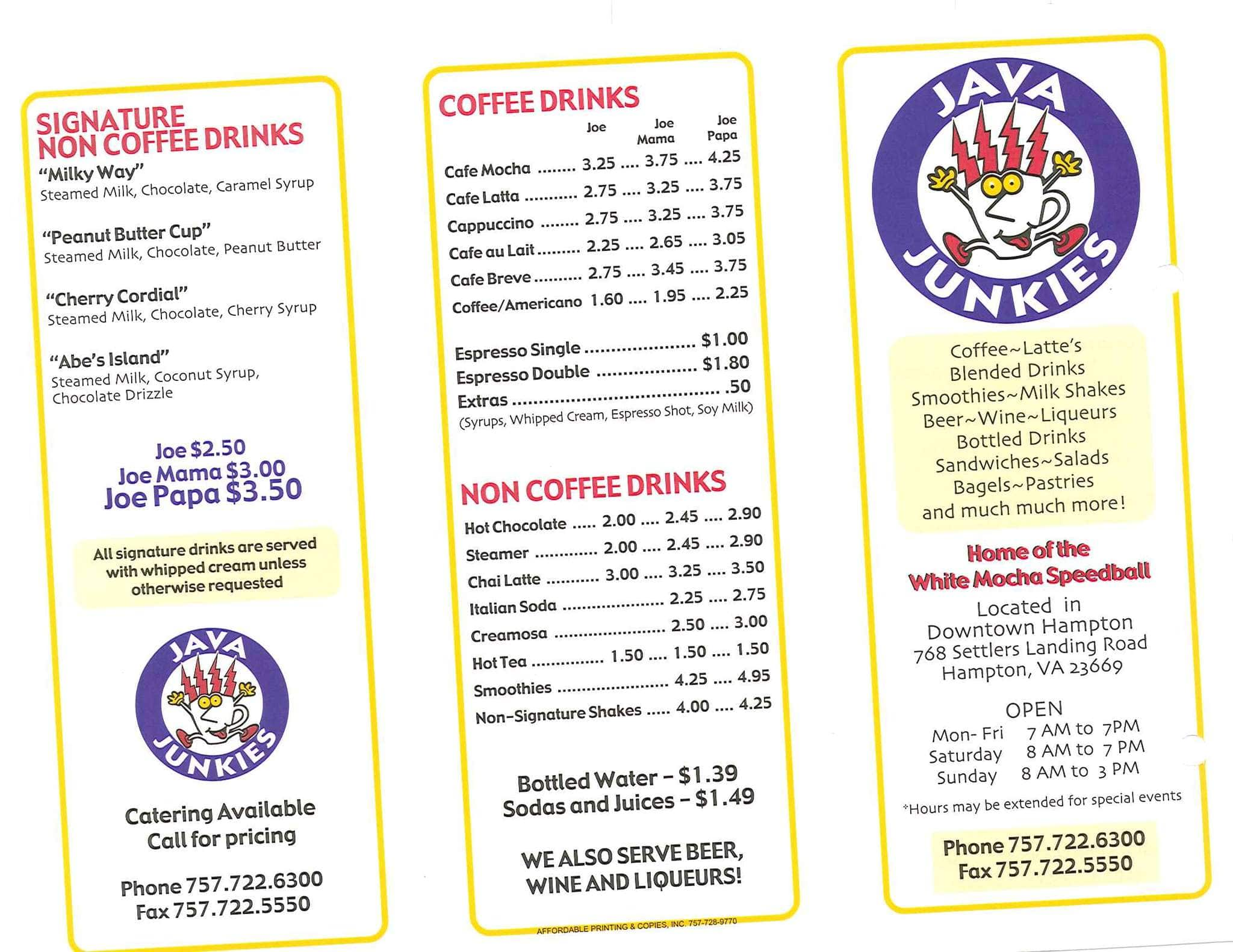 java-junkies-menu-menu-for-java-junkies-hampton-hampton-roads