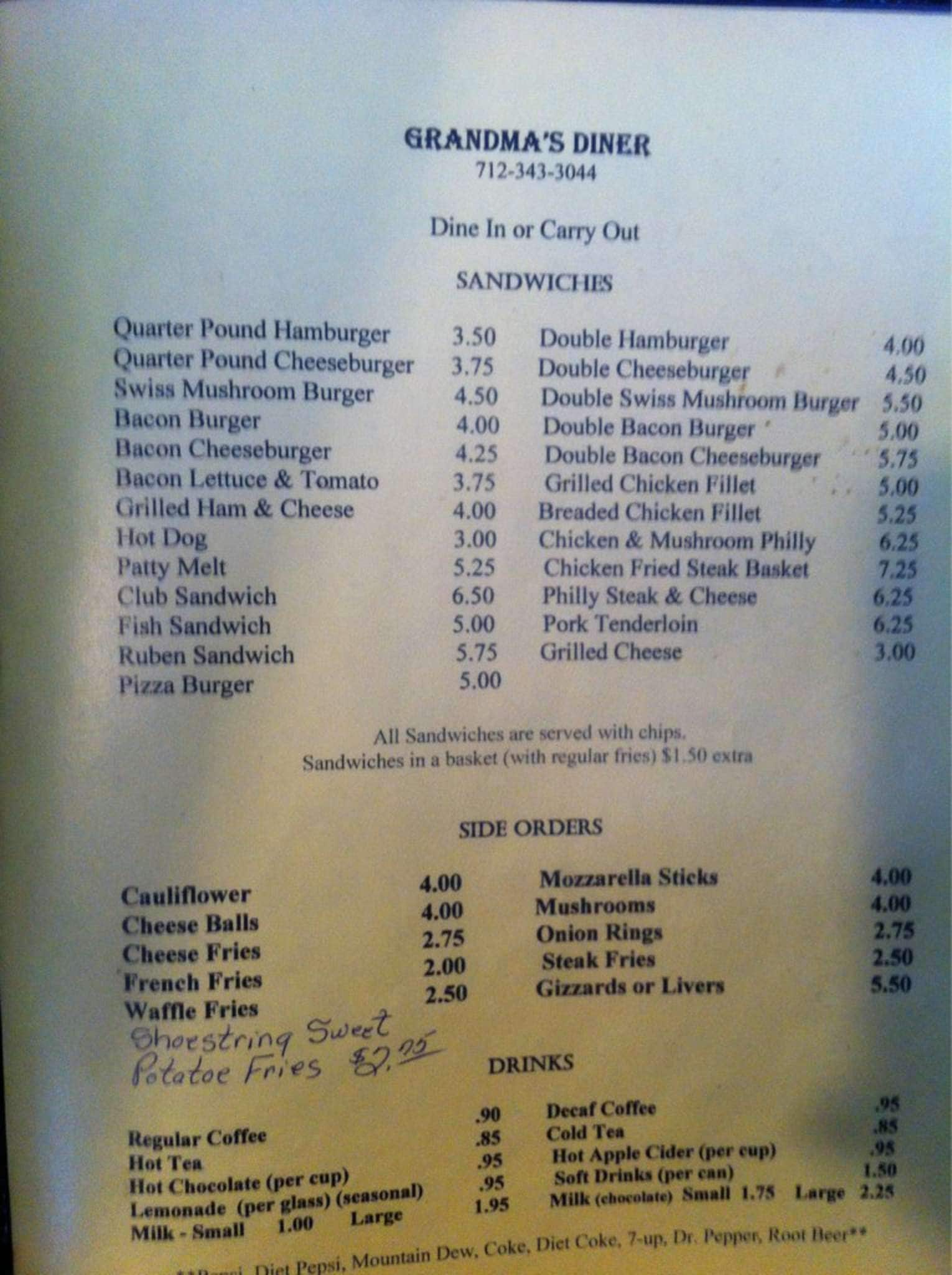 Menu at Grandma's Diner restaurant, Avoca