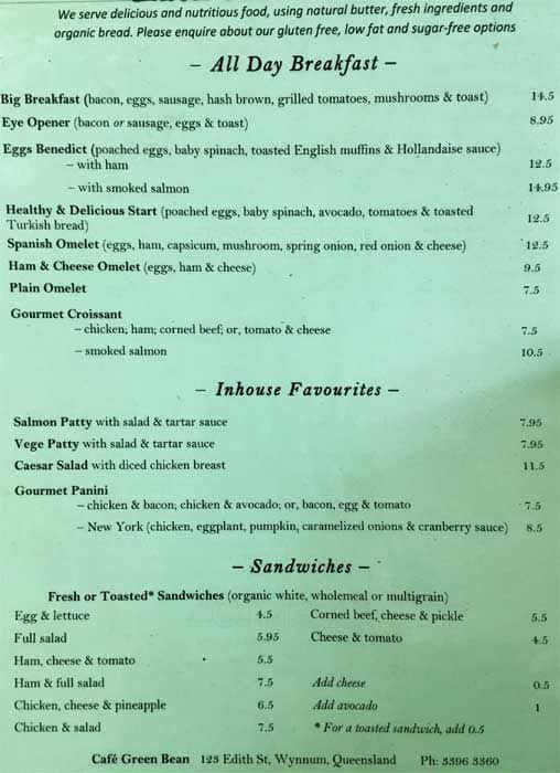 Cafe Green Bean Menu, Menu for Cafe Green Bean, Wynnum, Brisbane