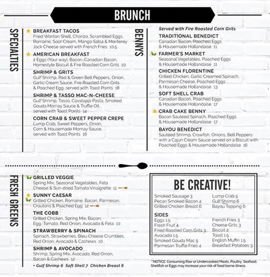 Menu at Brick & Spoon restaurant, Tupelo