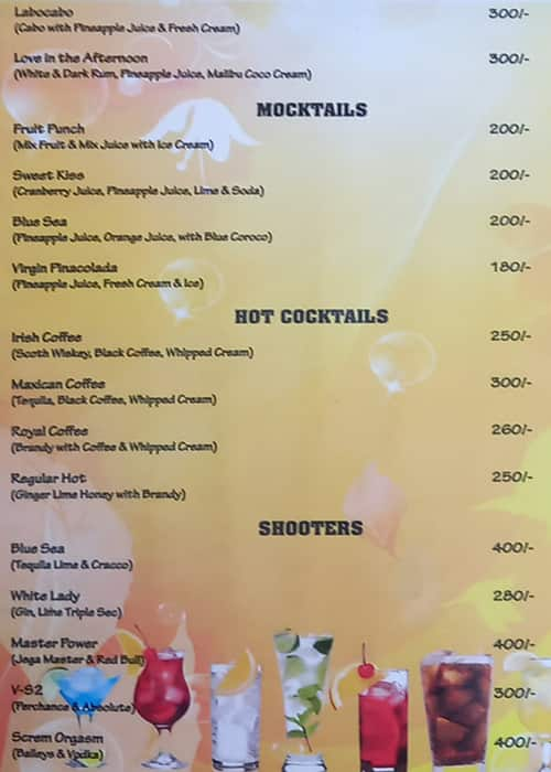 Menu at Nirvana Cafe, Canacona