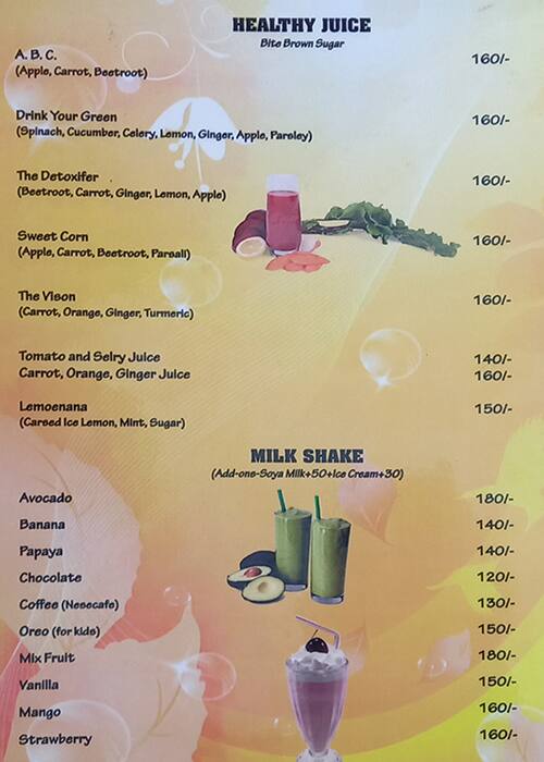 Menu at Nirvana Cafe, Canacona