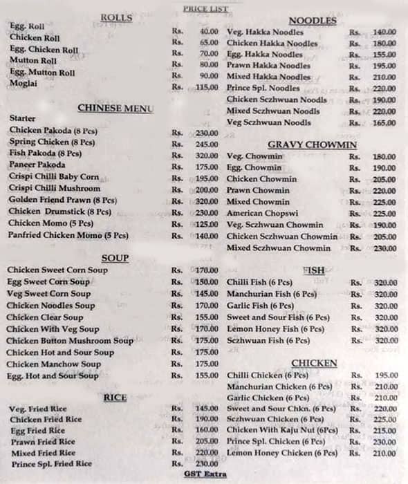 Prince Fast Food Centre menu