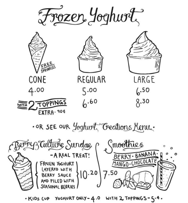 Menu at Berry Culture Frozen Yoghurt desserts, Wellington