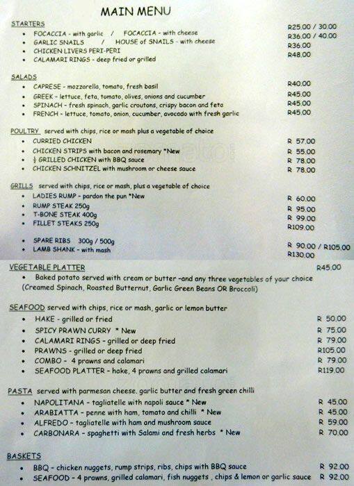 Menu at The Clay Oven restaurant, Mtunzini