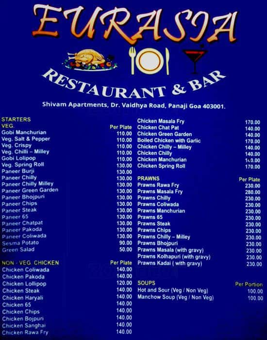 Eurasia Menu, Menu for Eurasia, Panaji, Goa Zomato