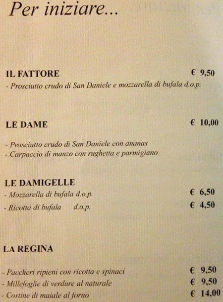 Menu au Pane Vino e San Daniele restaurant, Rome, Piazza Mattei