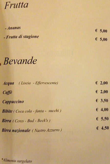 Menu au Pane Vino e San Daniele restaurant, Rome, Piazza Mattei