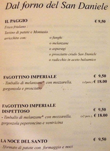 Menu di Pane Vino e San Daniele 