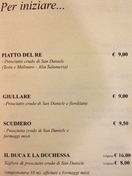 Menu di Pane Vino e San Daniele 