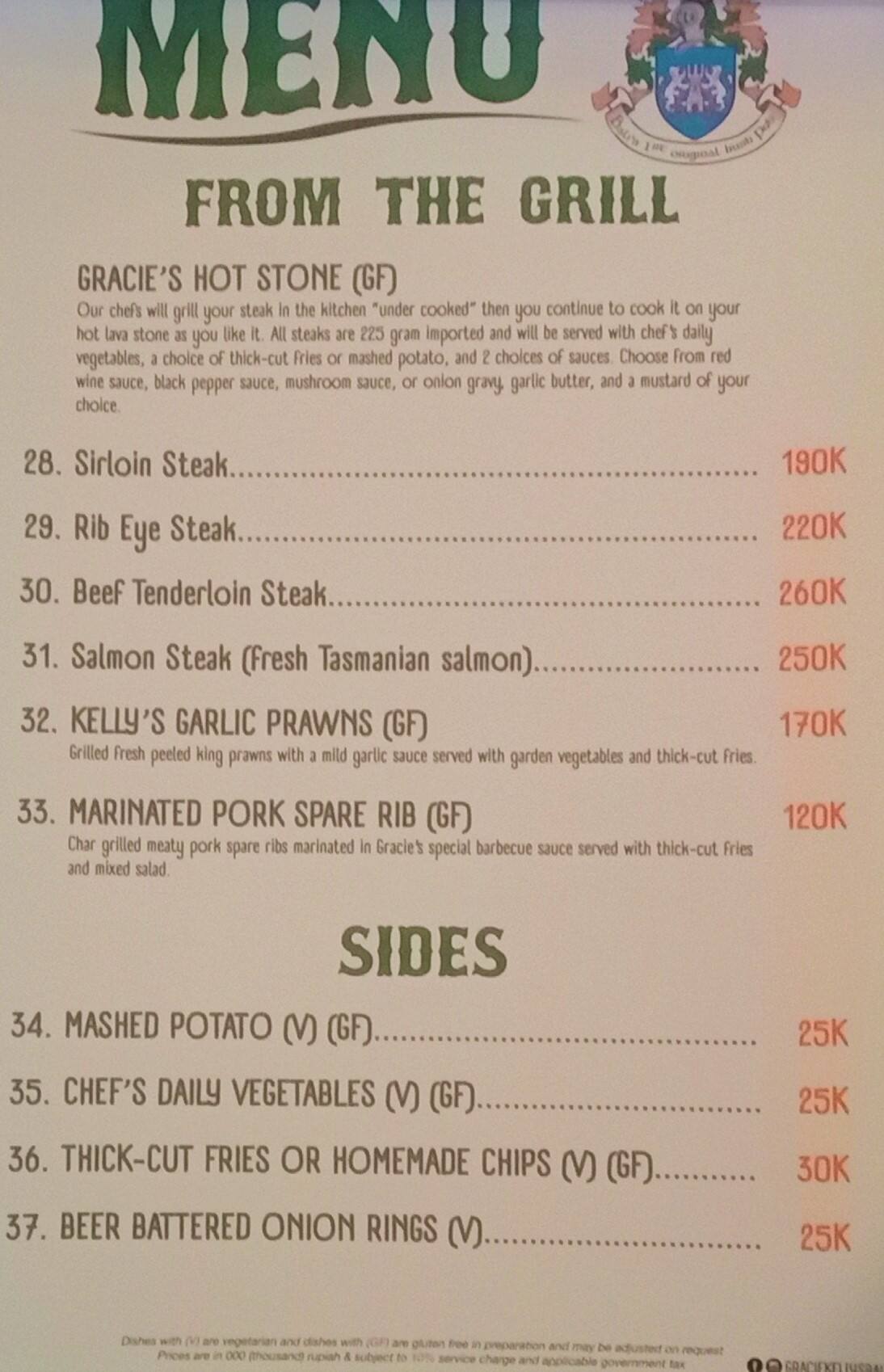 Menu at Gracie Kelly's restaurant, Kuta, Jl. Kartika Plaza