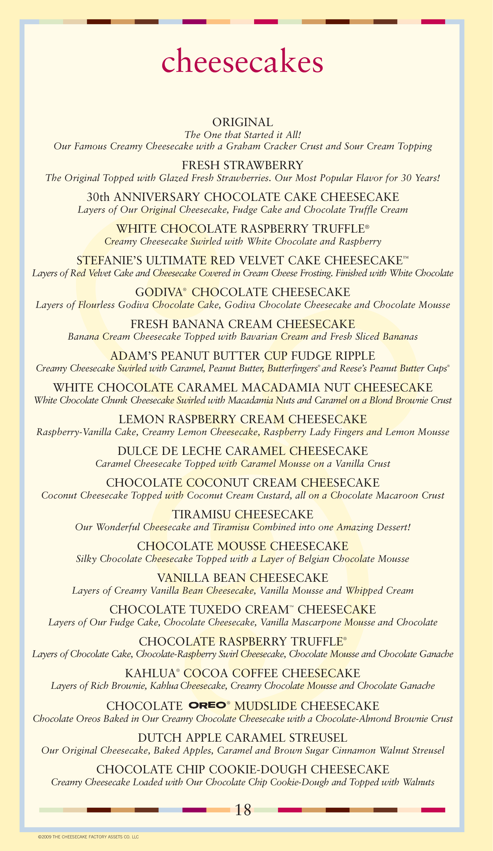 Carta del postres The Cheesecake Factory, Salt Lake City, 65 Regent St
