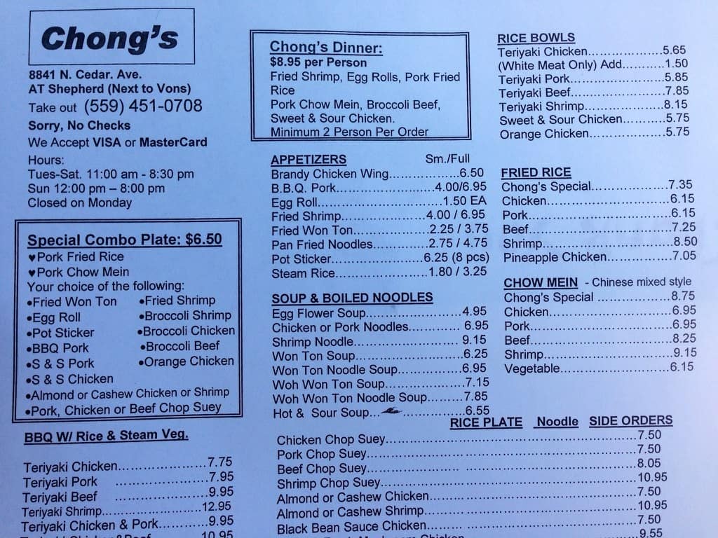 Chong's Chinese Bar'B'Que Menu Urbanspoon/Zomato