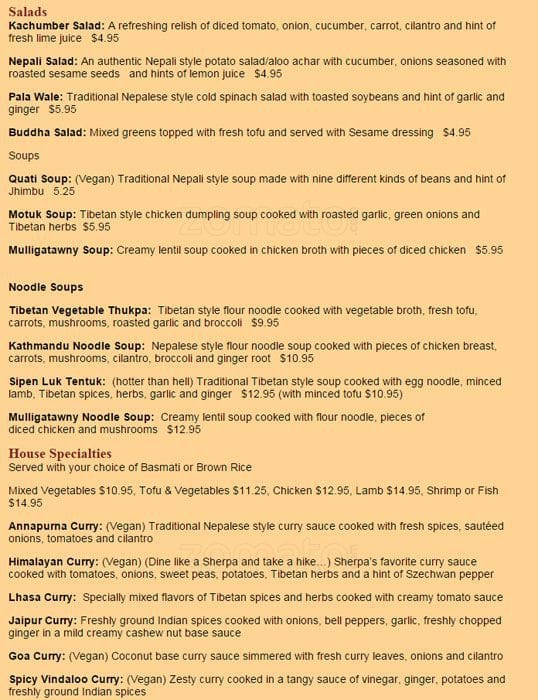 Yeti Bar menu