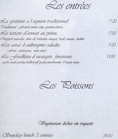 Menu at Les Associés restaurant, London