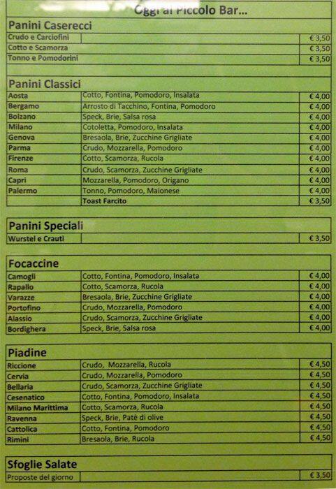 Menu di Piccolo Bar 