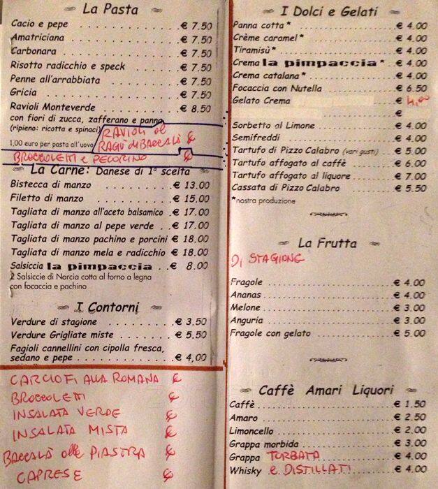 Menu di La Pimpaccia 