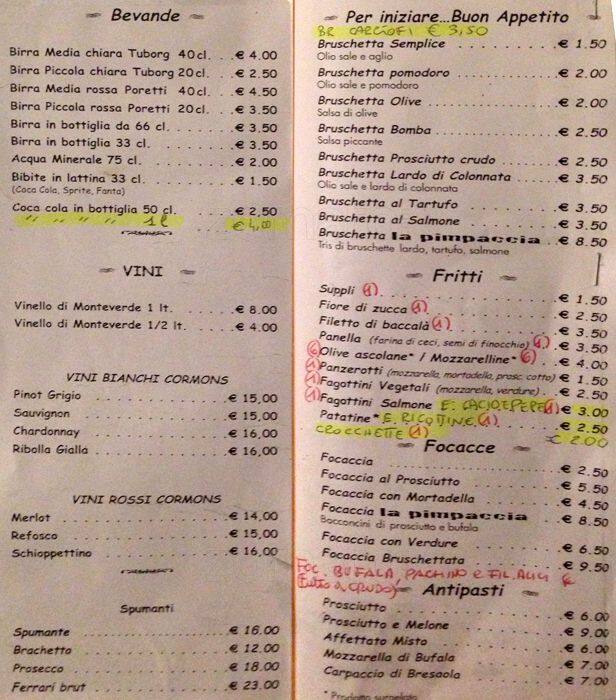 Menu di La Pimpaccia 