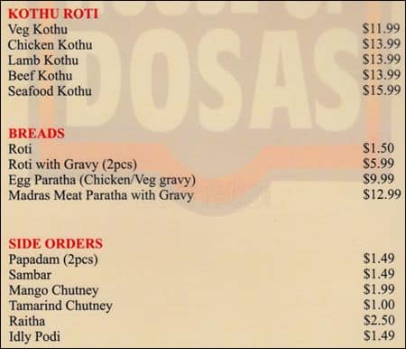 Menu at House Of Dosas restaurant, Vancouver