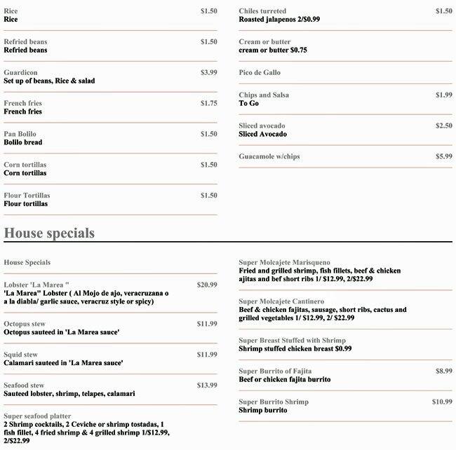La Marea menu