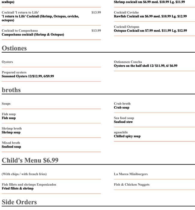 La Marea menu