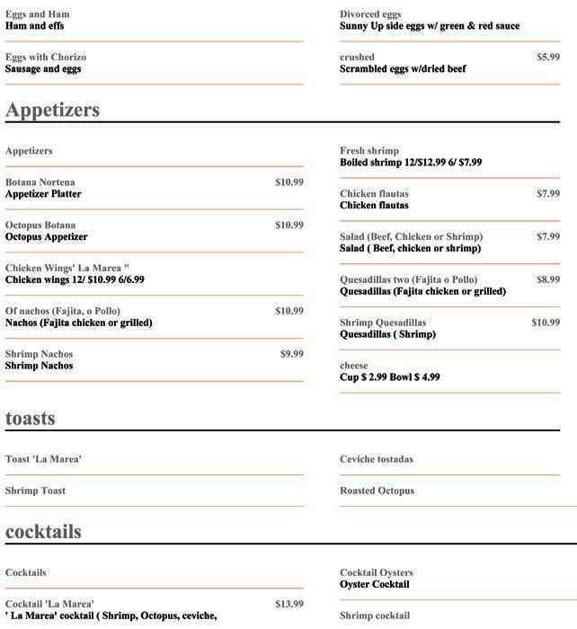 La Marea menu