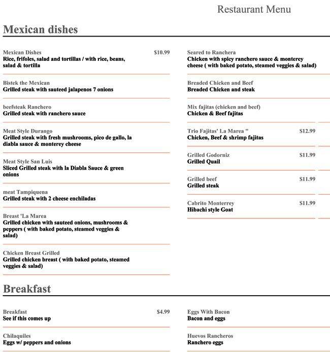 La Marea menu