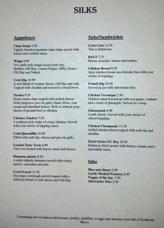 Silks Menu, Menu for Silks, CantonHighlandtown, Baltimore Urbanspoon