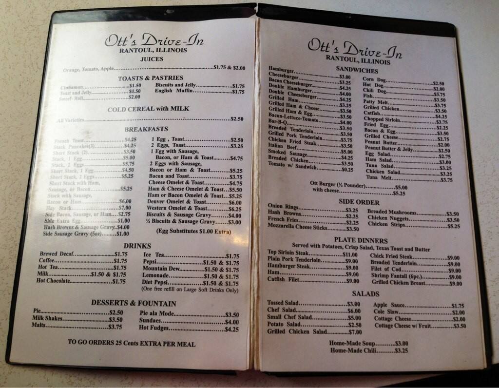 Menu at Ott's Drive In restaurant, Rantoul