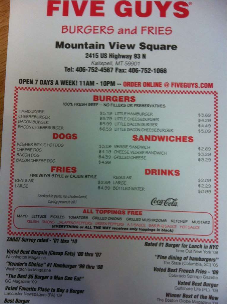 Menu at Five Guys fast food, Kalispell, US93 N