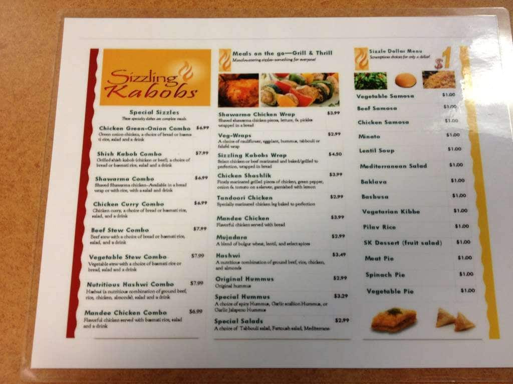 Menu at Sizzling Kabobs restaurant, East Lansing