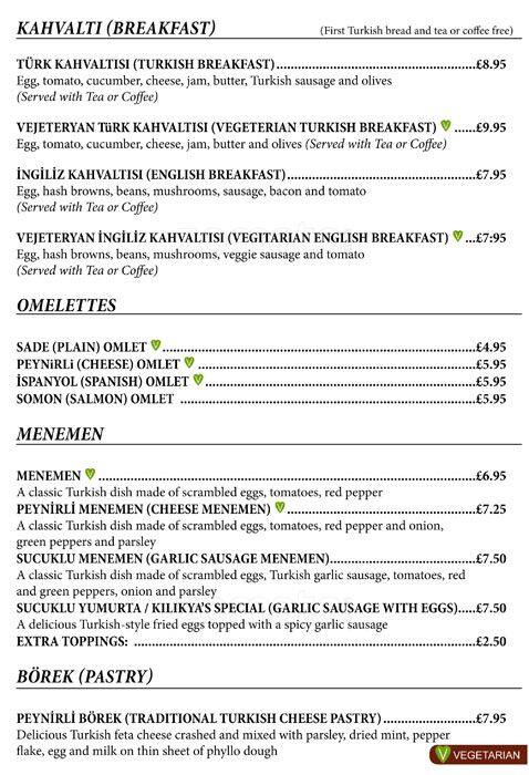 Kilikya's menu