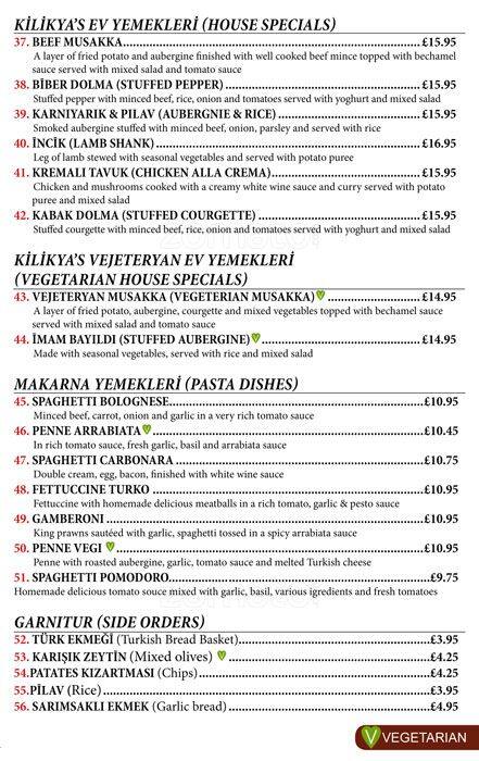 Kilikya's menu