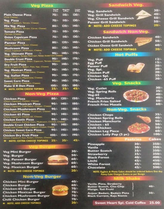 Sweet Heart Bakers Menu, Menu for Sweet Heart Bakers, S R Nagar ...