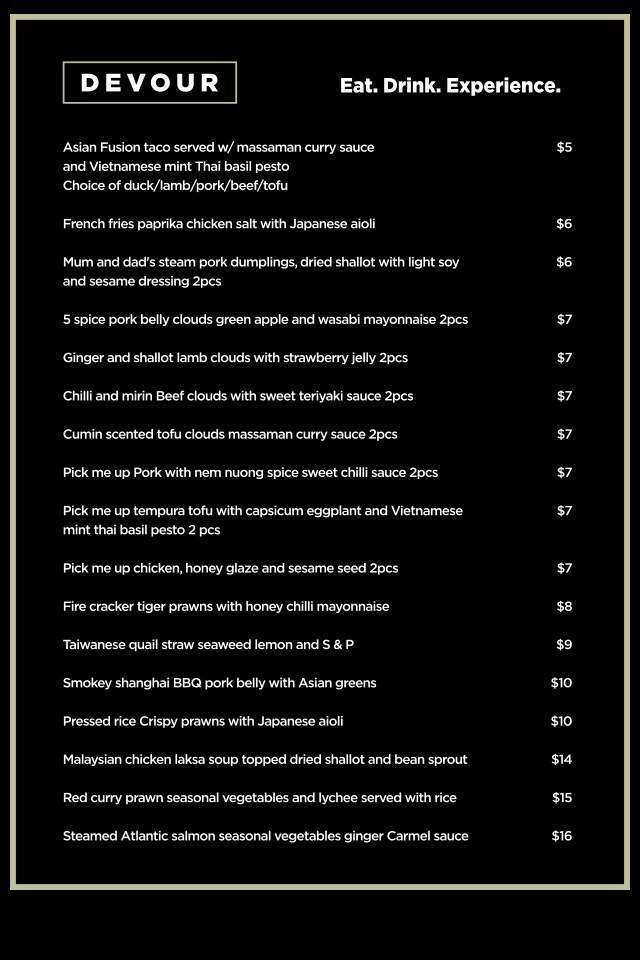 Devour Menu, Menu for Devour, Fortitude Valley, Brisbane Urbanspoon