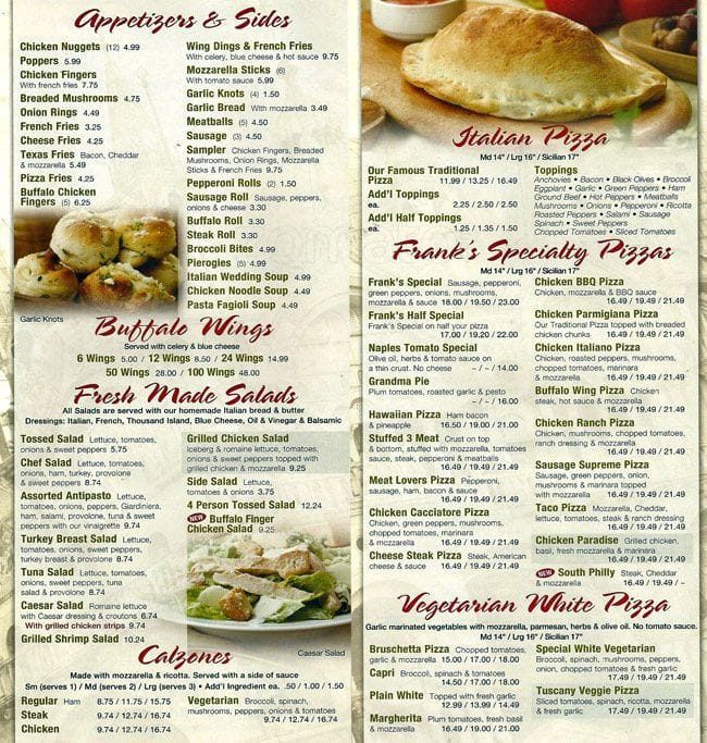 Frank's Pizza menu, Menu restauracji Frank's Pizza, Warminster, Bucks